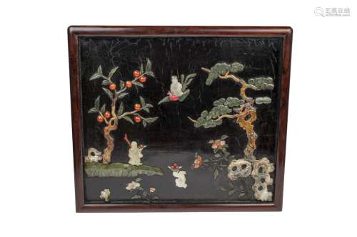 A Chinese jade, hardstone, lacquer wall plaque,