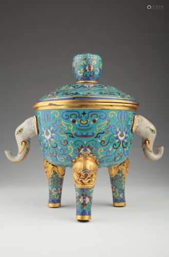 A Chinese cloisonné bronze tripod covered censer,