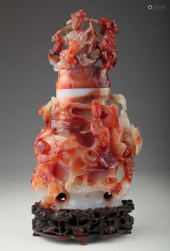 Chinese Carved Carnelian Agate Vase & Cover