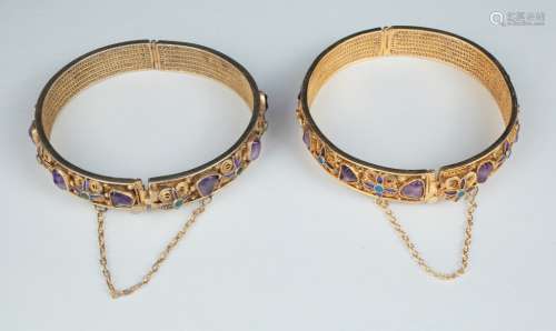 Old pair Chinese gilt export silver & amethyst