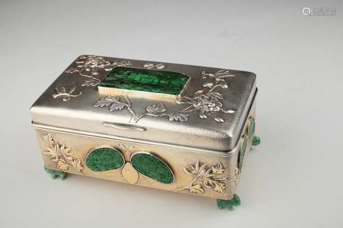 A fine Chinese green jadeite inlaid export silver box,