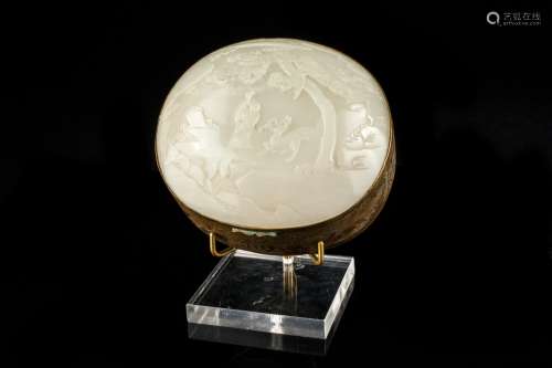 A Chinese white jade inset gilt metal box,