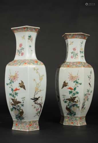 A pair of Chinese Famille rose hexagonal vases,