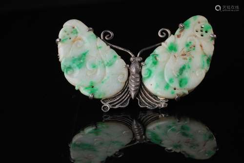 An old Chinese jade + silver export jewelry Brooch