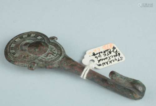 A Chinese bronze belt hook, Ordos region,