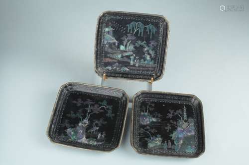 3 Chinese Lac Burgaute square trays