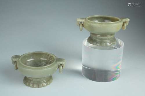 Old pair of Chinese jade censers on jade stands,