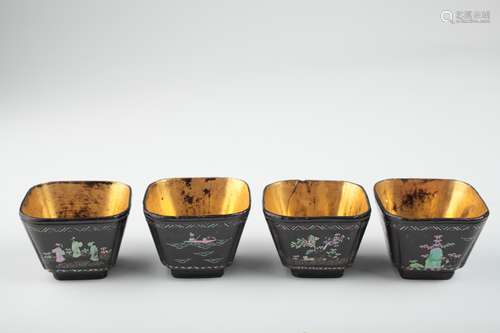 Set of 4 Chinese Lac Burgaute lacquer cups,