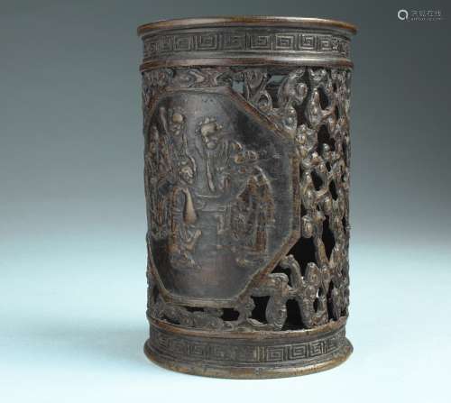 A Chinese reticulated bronze brush pot,