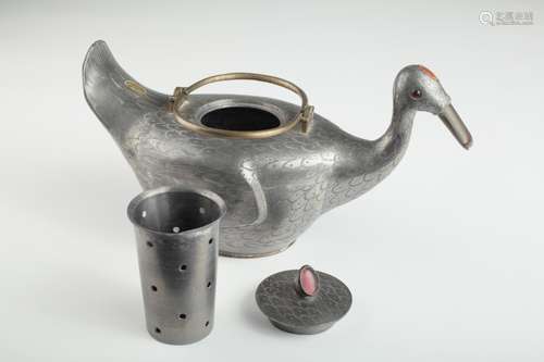 A Chinese Pewter Duck Teapot,