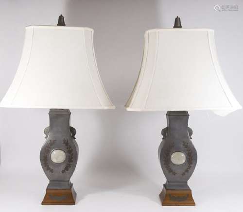 Pair of Chinese white jade mounted pewter Lamps