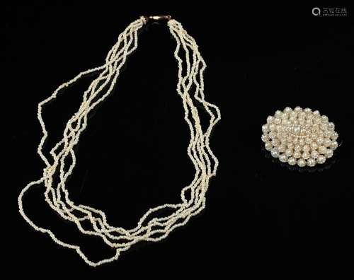 A Victorian seed pearl necklace and brooch,