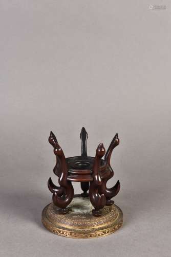 A COPPER GILT GOLD INLAID JADE HARDWOOD STAND