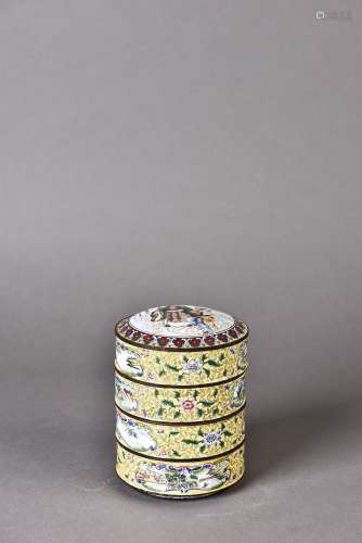 A FALANGCAI YELLOW GROUND CLOISONNE ENAMELLED STACKED BOX