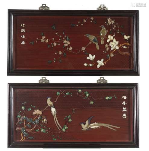 A PAIR OF FLOWER AND BIRD WOOD PANEL INLAID WITH JADE