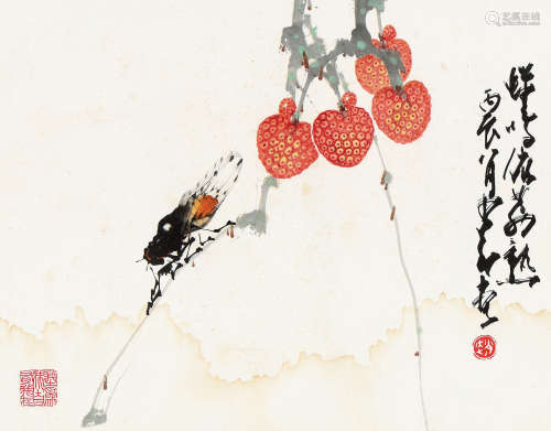 赵少昂（1905～1998） 丙辰（1976年）作 蝉呜荔熟 镜框 设色纸本