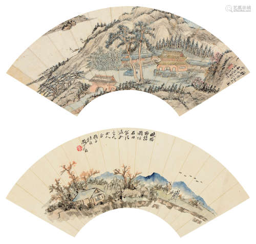 吴宏（1615～1680）  周棠（1806～1876） 丙申（1656年）作/丙子（1876年）作 山水 （两幅） 扇页 设色纸本
