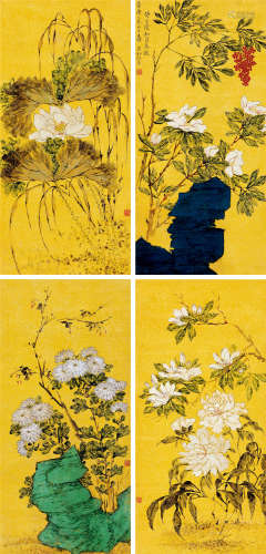 江介（清） 癸巳（1833年）作 花卉 立轴四屏 设色洒金笺