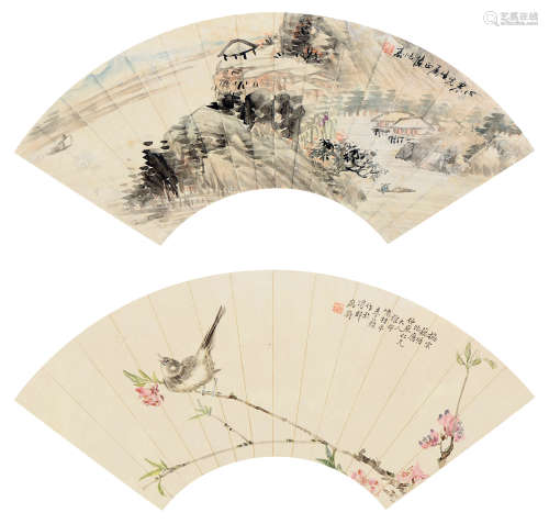 陈鸿寿（1768～1822）  李葂（1691～1755） 山水 花鸟 （两幅） 扇页 设色纸本