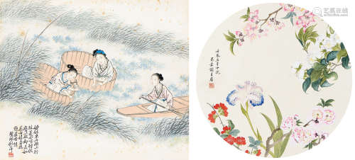 谢月眉（#）  潘剑萍（1906～1998） 壬辰（1952年）作 花卉 人物 （两幅） 镜心 设色纸本