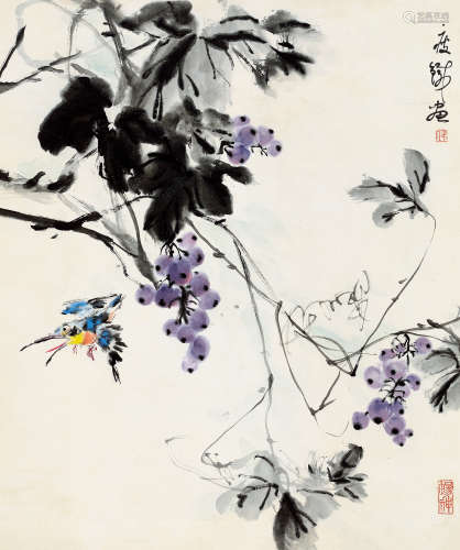 钱瘦铁（1897～1967） 葡萄翠鸟 立轴 设色纸本