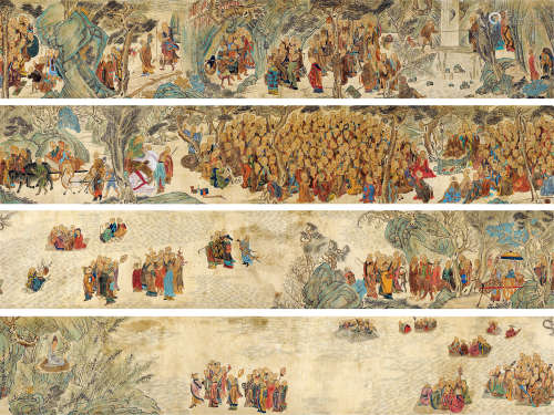 丁云鹏（1547～1628）（款） 佛会图卷 手卷 设色绢本