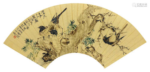 徐桢（1841～1915） 乙酉（1885年）作 花鸟 扇页 设色金笺
