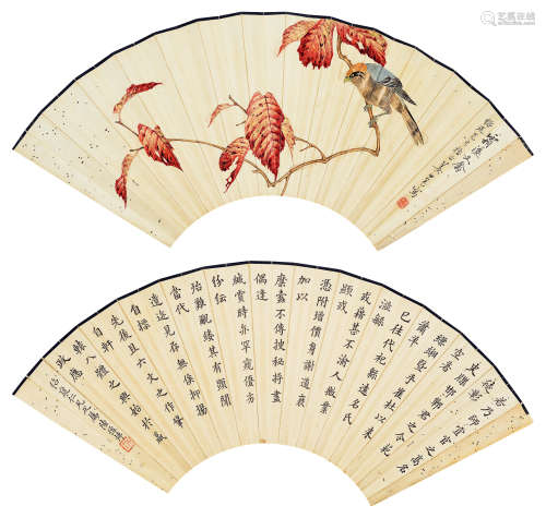 姜世冈（1901～1979）  陆增炜（清） 花鸟 楷书 扇面 设色纸本