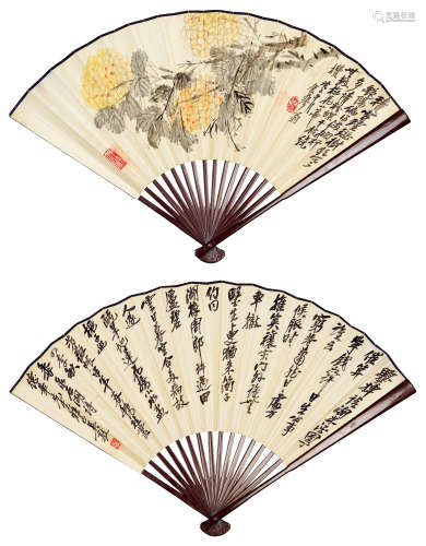 吴钦扬（1882～1958） 癸巳（1953年）作 菊花 行书 成扇 设色纸本