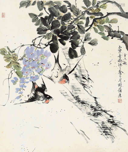 陈子奋（1898～1976） 乙巳（1965年）作 紫藤双燕 镜心 设色纸本