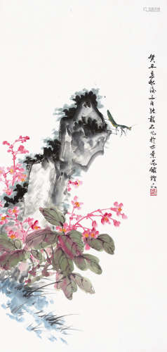 张韶石（1913～1991） 癸丑（1973年）作 螳螂花卉 立轴 设色纸本