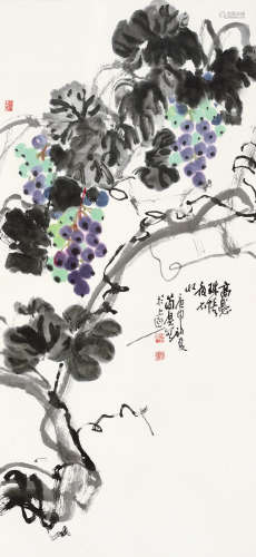 曹简楼（1913～2005） 庚申（1980年）作 葡萄 立轴 设色纸本