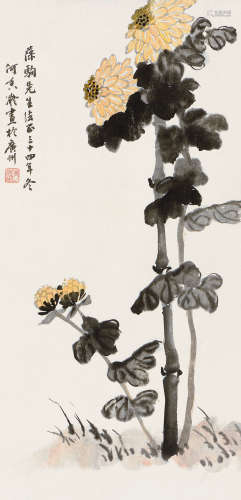 何香凝（1878～1972） 乙酉（1945年）作 菊花 立轴 设色纸本