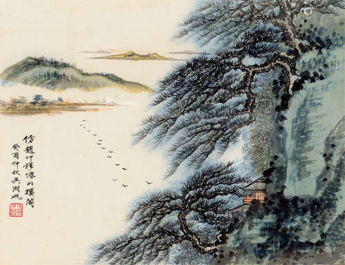 吴湖帆（1894～1968）（款） 山水 镜框 设色纸本