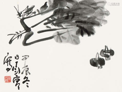 丁衍庸（1902～1978） 甲辰（1964年）作 白菜草虫 斗方 水墨纸本
