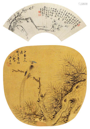 叶思澄（清）  汪彦份（1833～1893） 梅花 花鸟 （两幅） 扇页 设色绢本/设色金笺