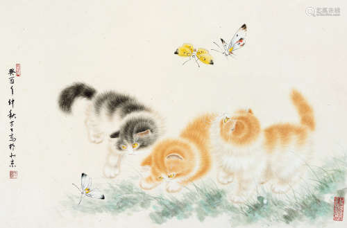 方工（b.1941） 癸酉（1993年）作 猫蝶图 镜框 设色纸本