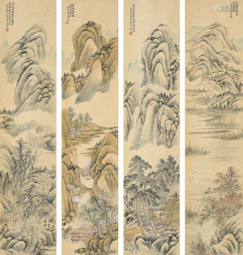 姜筠（1847～1919） 戊戌（1898年）作 山水 立轴四屏 设色纸本