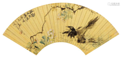 王礼（1813～1879） 己卯（1879年）作 花鸟 扇页 设色金笺