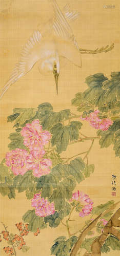 陆抑非（1908～1997） 牡丹白鹭 立轴 设色绢本