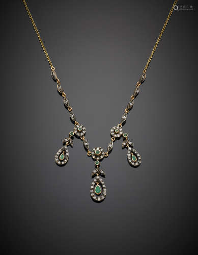 Yellow 14K gold and silver rose cut diamond, round and pear shape emerald necklace, g 17.95, length cm 44 circa.