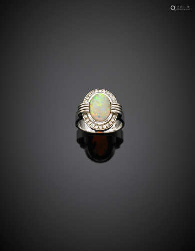 White gold diamond noble oval opal ring, g 9.17 size 16/56.