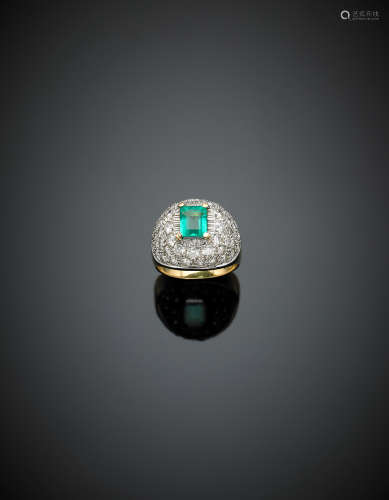 Bi-coloured gold diamond pav? octagonal step cut ct 1.10 circa emerald ring, g 8.90 size 15/55.