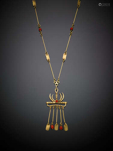 Yellow gold sticks and plates necklace with red orange coral bead spacers, g 30.46, length cm 80 circa.