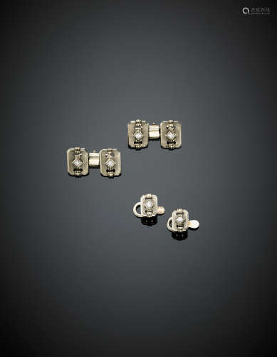 Lot of smooth and glazed white gold and diamond accented jewellery comprising cufflinks and buttons, g 10.