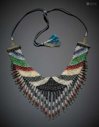 various faceted gem, woven fringe and fabric necklace held by blue and gold ribbon with tassels, g 94.90, length cm 85.00, h cm 9.50 circa.
