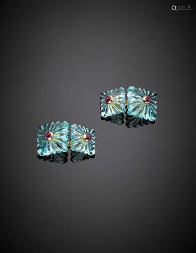Yellow gold carved blue topaz, cabochon ruby accented cufflinks, g 8.36.