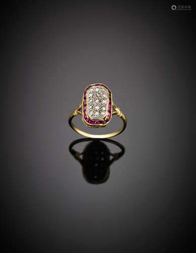 Yellow gold and silver calibr? ruby and diamond set oval ring, g 3.41 size 12/52(losses).