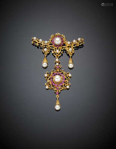 Yellow gold and pearl pendant brooch, g 13.41, length cm 7 circa.
