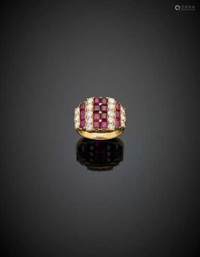 Yellow gold round diamond and step cut ruby ring, g 9.30 size 18/58.